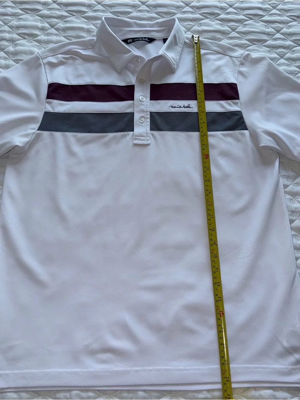 Travis Mathew White Polo with Maroon and Gray Stripes